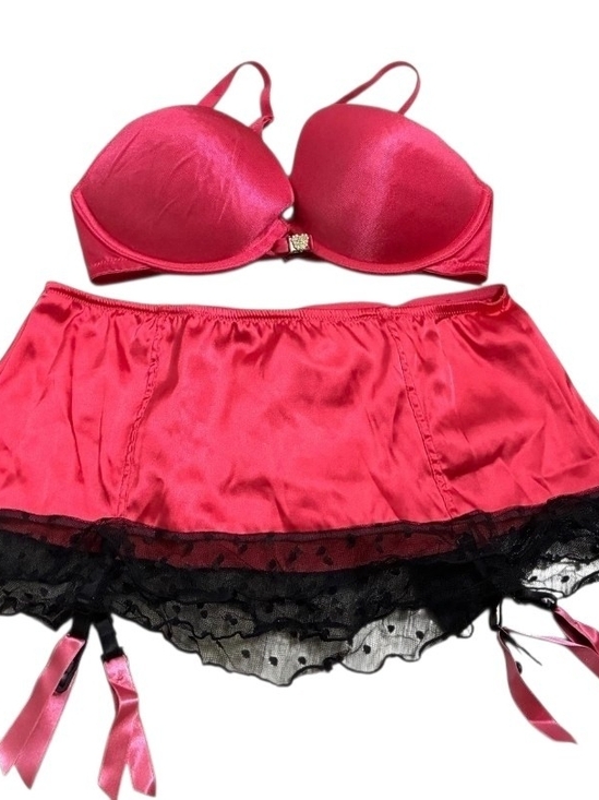 Victoria's Secret Other - 💕Victoria's Secret Red or Fuschia Satin Bra with Black Lace Garter Skirt Set💕
